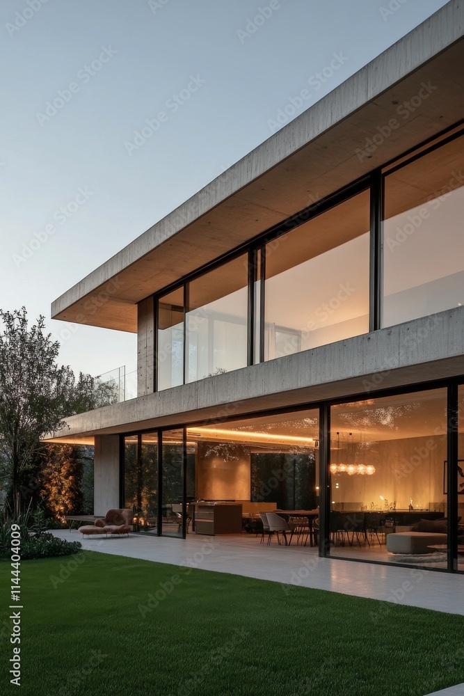 Modern architectural design of a sleek house at sunset with expansive glass windows and a spacious lawn Modern architectural design of a sleek house at sunset with expansive glass windows and a spacious lawn