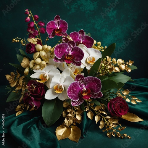 A luxurious bouquet of orchids and roses with gold leaves on a dark green background.