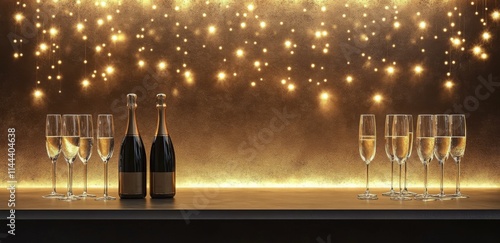 Sparkling champagne glasses against a glittering golden background, celebrati...