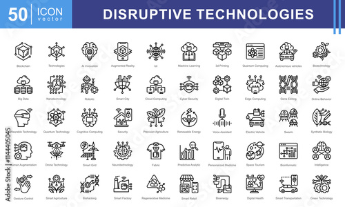 Disruptive technologies icon set with ai, innovation, blockchain, augmented reality, internet of things, machine learning, 3d printing, quantum computing, autonomous vehicle, and biotechnology
