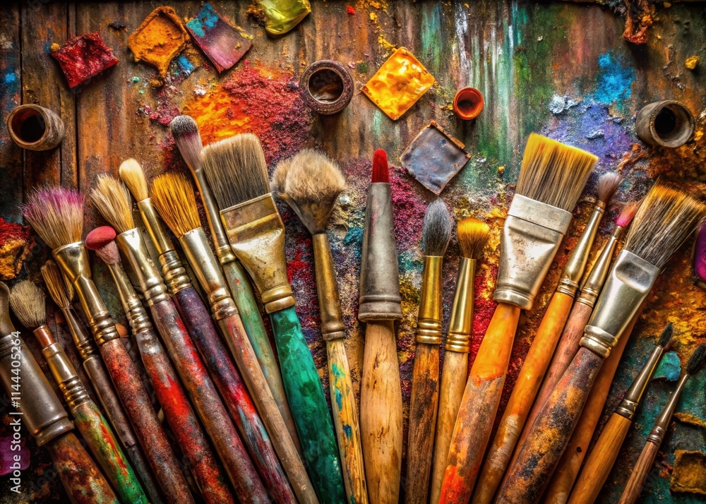 Fototapeta premium Panoramic Painting Supplies: Old Master's Studio, Brushes, Paints, Art Supplies, Artistic Background