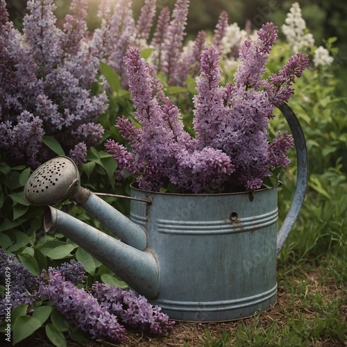 A bouquet of lilacs and lavender in a vintage watering can on a garden-themed backdrop.