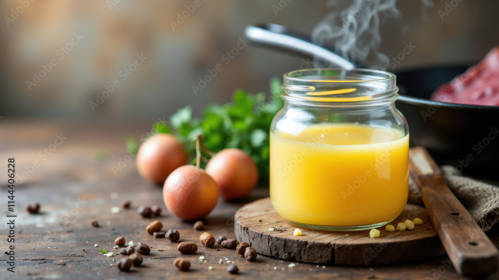 A jar of rendered beef fat with steam rising from a pan filled with food, indicating freshly cooked ingredients nearby. A jar of rendered beef fat with steam rising from a pan filled with food, indicating freshly cooked ingredients nearby.