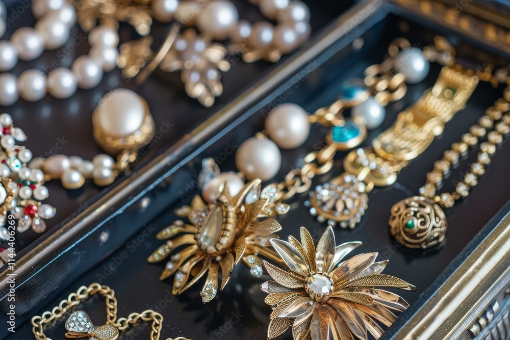 Naklejka premium Golden bracelets, earrings, and necklaces with pearls are neatly arranged in a black jewelry box
