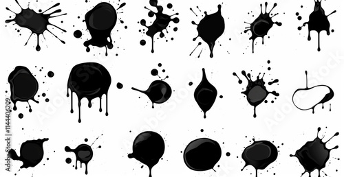 Splashes, drops, a set of black blots. Set of raster icons of liquid elements - illustration