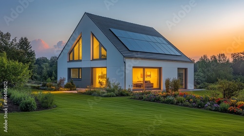 Modern house with solar panels illuminated at dusk in a serene garden setting...