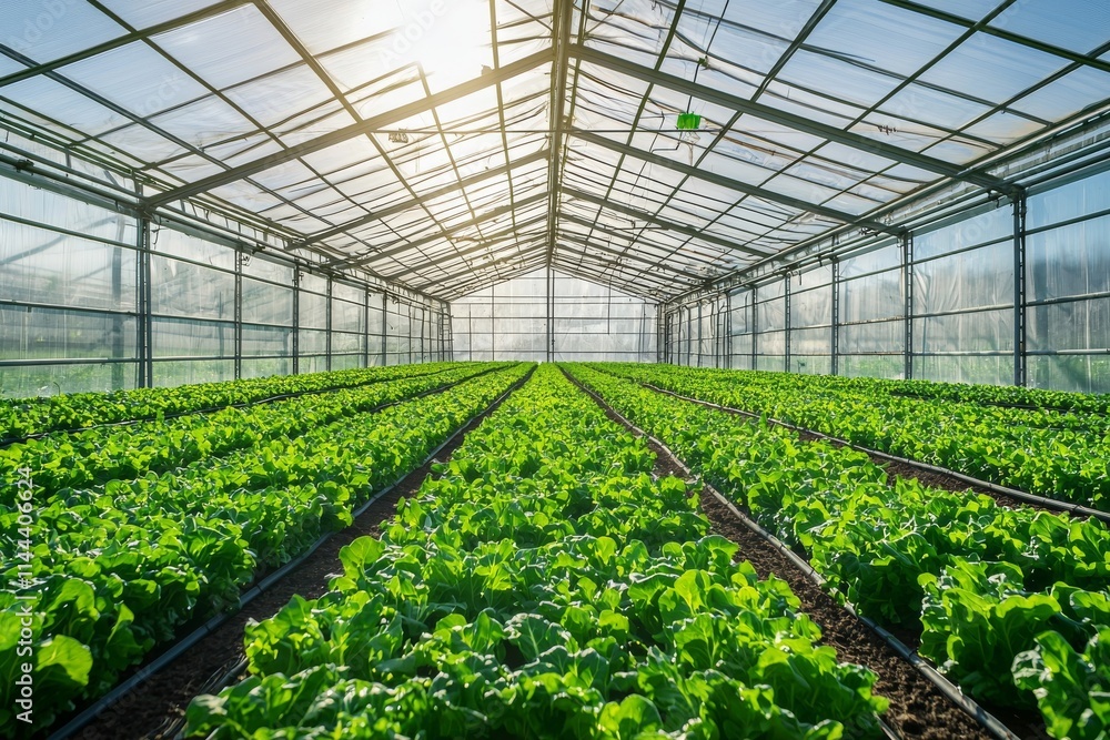 Industrial greenhouses with rows of greenery, illuminated by the sun shining through the glass. Industrial greenhouses with rows of greenery, illuminated by the sun shining through the glass.