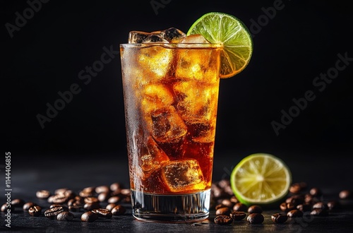 Refreshing iced coffee drink served with lime on the rocks, surrounded by roasted coffee beans in a dark setting photo