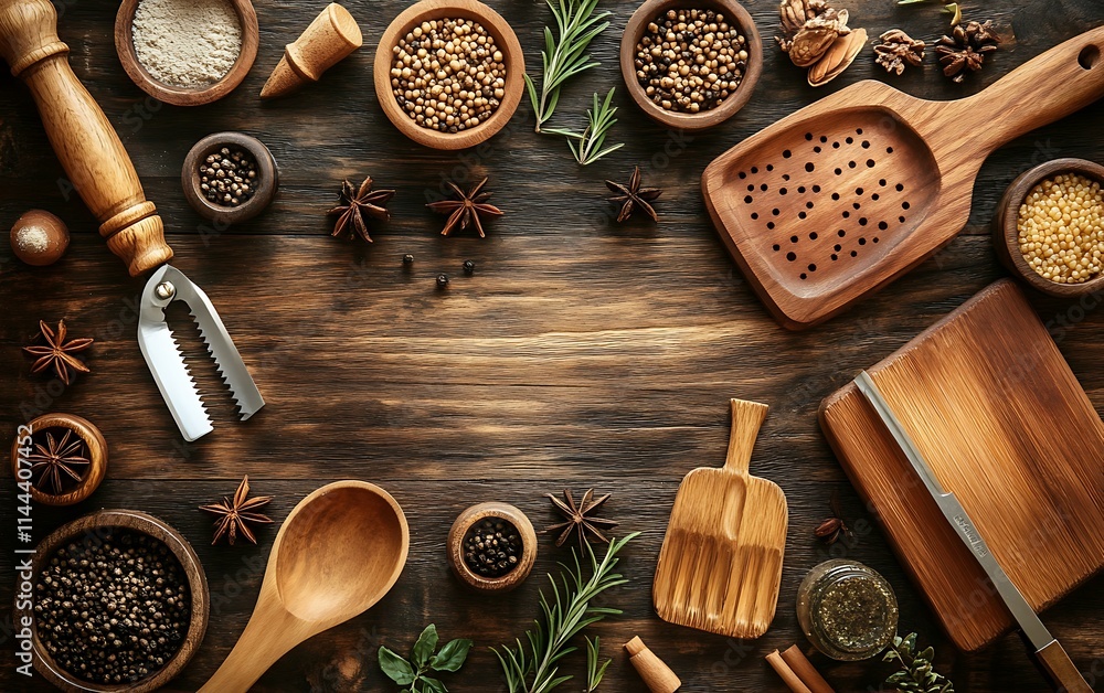 Overhead view of various spices, herbs, and wooden kitchen utensils arranged on a rustic wooden surface, creating a frame with empty space in the center. Overhead view of various spices, herbs, and wooden kitchen utensils arranged on a rustic wooden surface, creating a frame with empty space in the center.