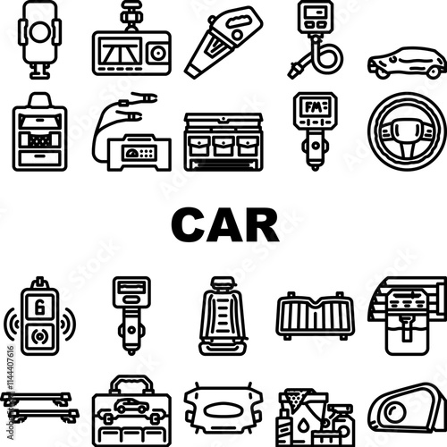 car accessories floor mats seat icons set vector. covers, dashcam gps, roof rack spoiler, tint rims, subwoofer, charger, organizer car accessories floor mats seat black contour illustrations
