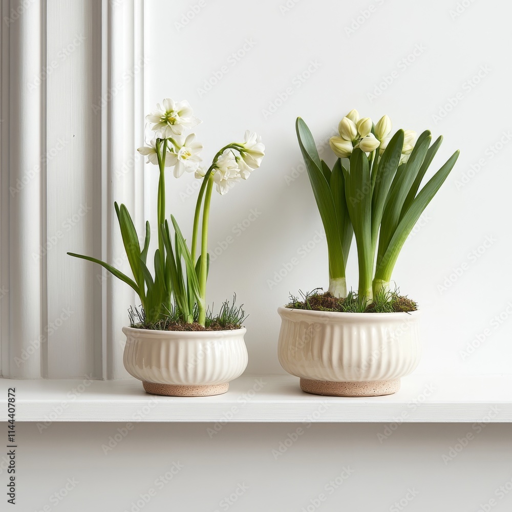 Fototapeta premium White wall with pots of hyacinth sprouts.