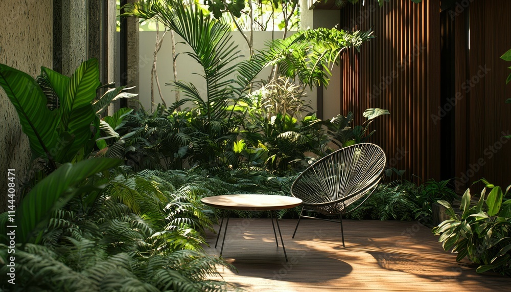 Fototapeta premium Serene Patio Oasis Lush Greenery Relaxing Chair Table