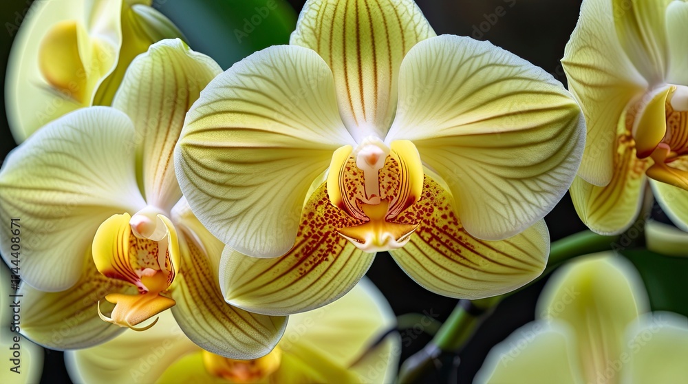 A close-up macro shot of a yellow orchid with delicate petals and intricate textures. The soft yellow hues are complemented by a hint of orange at the center, generative ai A close-up macro shot of a yellow orchid with delicate petals and intricate textures. The soft yellow hues are complemented by a hint of orange at the center, generative ai