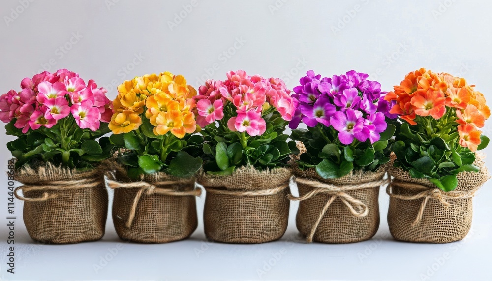 Beautifully arranged vibrant flowering pots lined up on a neutral background showcasing a variety of colors and Beautifully arranged vibrant flowering pots lined up on a neutral background showcasing a variety of colors and