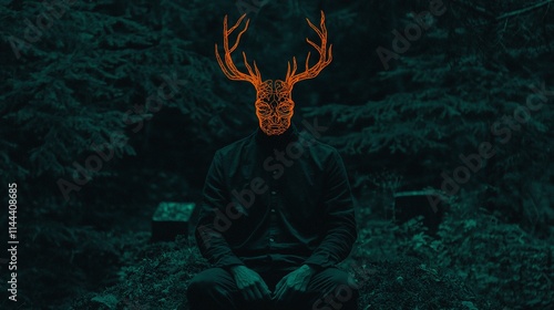 Mysterious man in deer antler mask in dark forest. photo