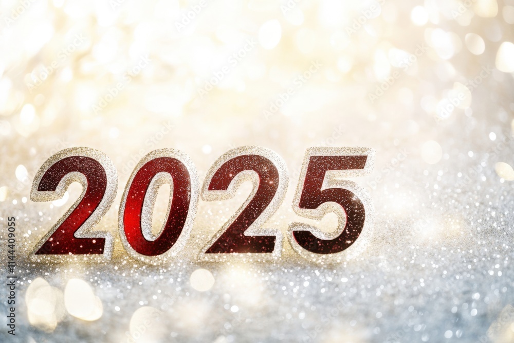 Sparkling red and golden number 2025 on a shimmering silver surface with glowing bokeh lights, symbolizing festive Christmas and New Year celebrations Sparkling red and golden number 2025 on a shimmering silver surface with glowing bokeh lights, symbolizing festive Christmas and New Year celebrations