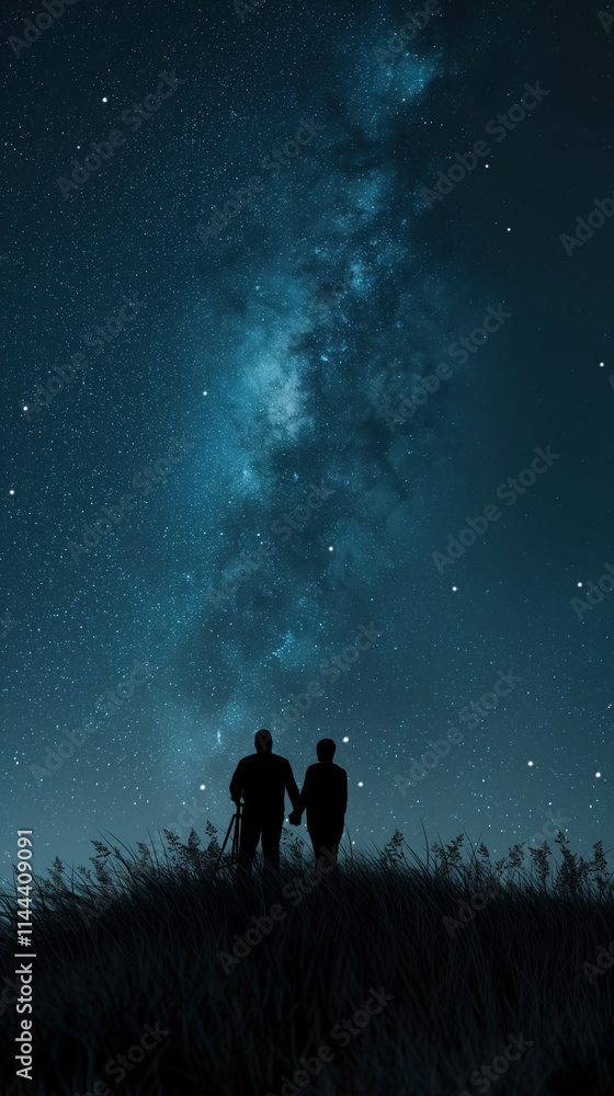 A photographer couple holding hands on a grassy hill with a camera tripod under the Milky Way and starry sky A photographer couple holding hands on a grassy hill with a camera tripod under the Milky Way and starry sky