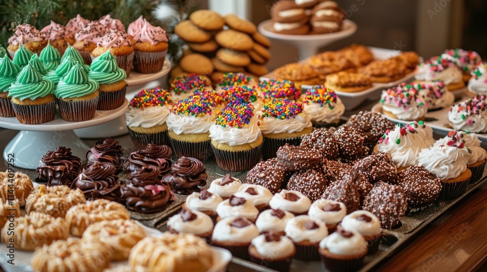 A table full of delightful treats including cupcakes, cookies, and pastries, with colorful icing and decorations A table full of delightful treats including cupcakes, cookies, and pastries, with colorful icing and decorations