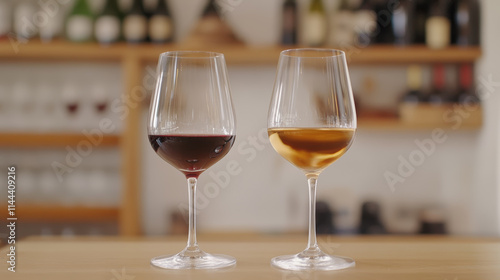 Two elegant wine glasses filled with red and white wine on a wooden table in a cozy bar setting