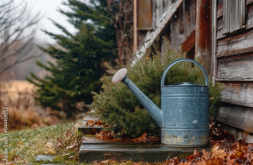 Watering can placed near a small snow-dusted pine tree by rustic wooden stairs in a serene forest setting during photo