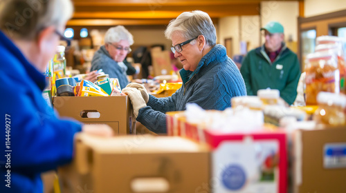 Volunteers, packing and help with group in warehouse for boxes, donation and food bank with community support. Charity, work and people with service, teamwork or humanitarian for aid photo