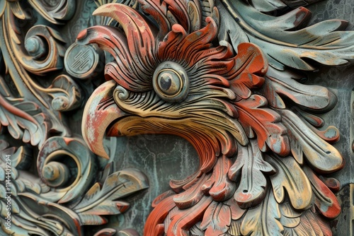 Colorful wooden carving depicting mythological phoenix with beautiful patina photo