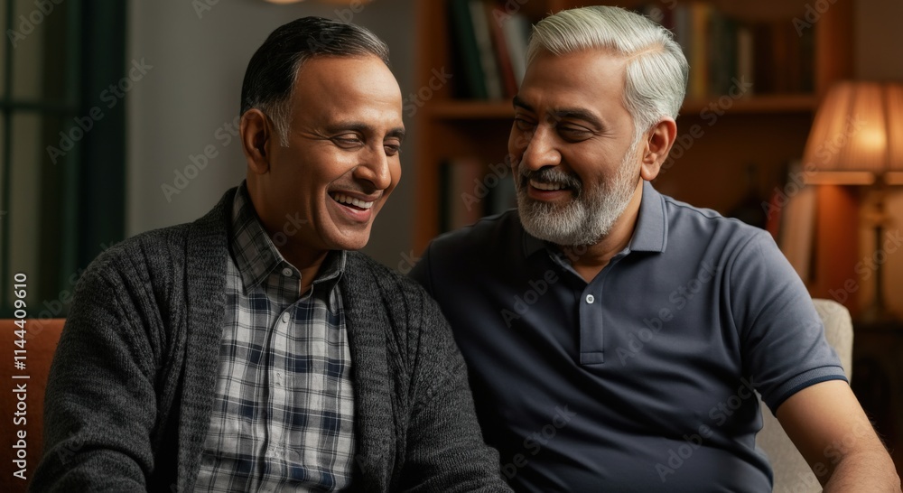Warm friendship between two mature men in a cozy living room setting Warm friendship between two mature men in a cozy living room setting