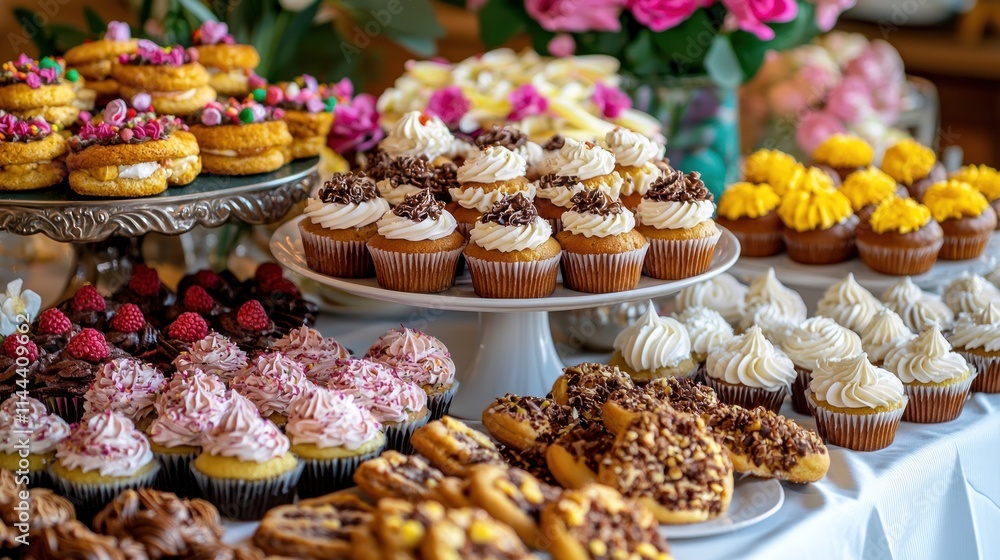 A table full of delightful treats including cupcakes, cookies, and pastries, with colorful icing and decorations A table full of delightful treats including cupcakes, cookies, and pastries, with colorful icing and decorations