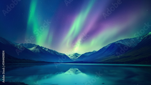 Tranquil Lake With Stunning Green and Purple Northern Lights Illuminating the Night Sky