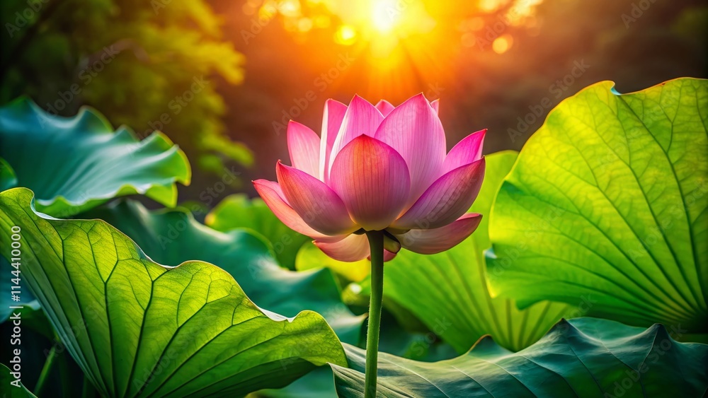 Obraz premium Pink Lotus Bud Silhouette, Emerging Lotus Flower, Green Leaves Silhouette, Sunrise Lotus Silhouette, Botanical Silhouette Photography