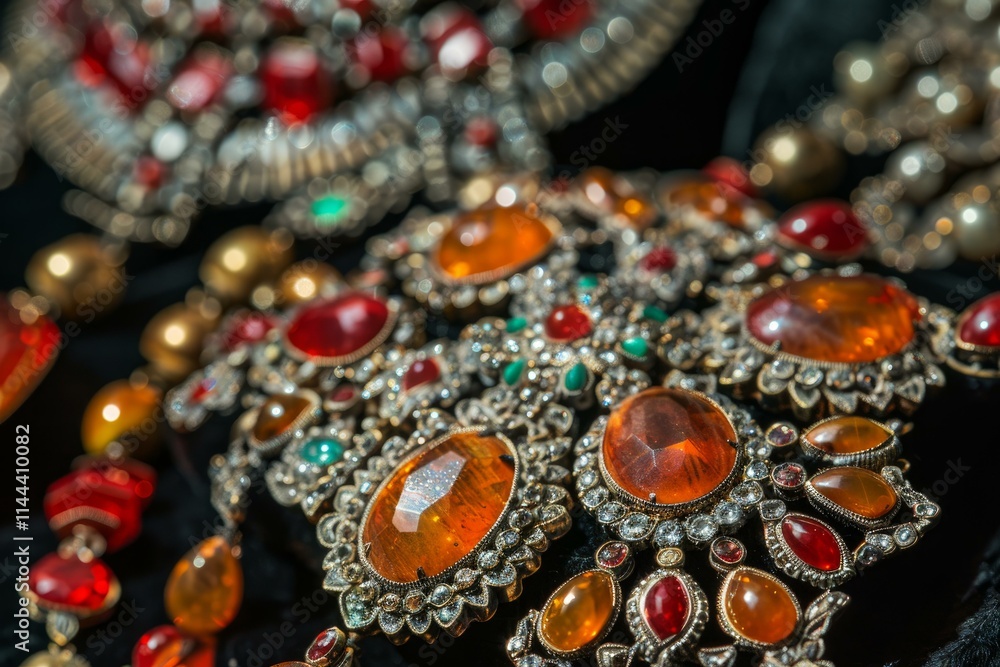 Close up of amber gemstones shining in antique necklace with ruby and emerald details