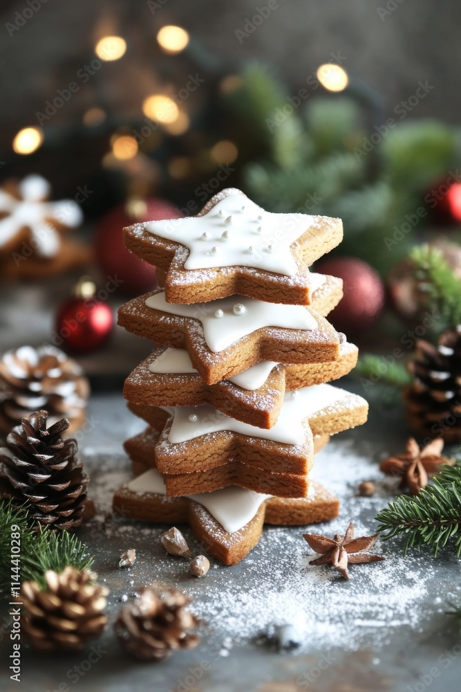 Delightful stacked star-shaped cookies dusted with powdered sugar surrounded by festive decorations for winter Delightful stacked star-shaped cookies dusted with powdered sugar surrounded by festive decorations for winter