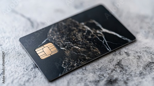 A sleek black credit card with a gold chip sits on a marbled surface, reflecting luxury and security. photo