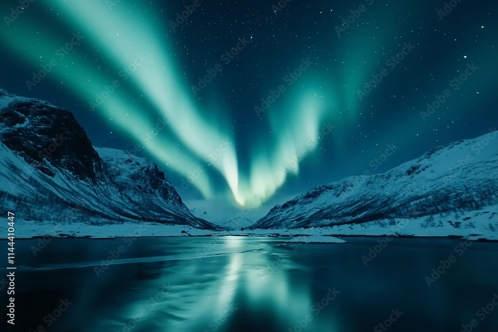 Fototapeta premium Majestic Northern Lights Over Snowy Forest Lake Landscape at Night Generative AI Image