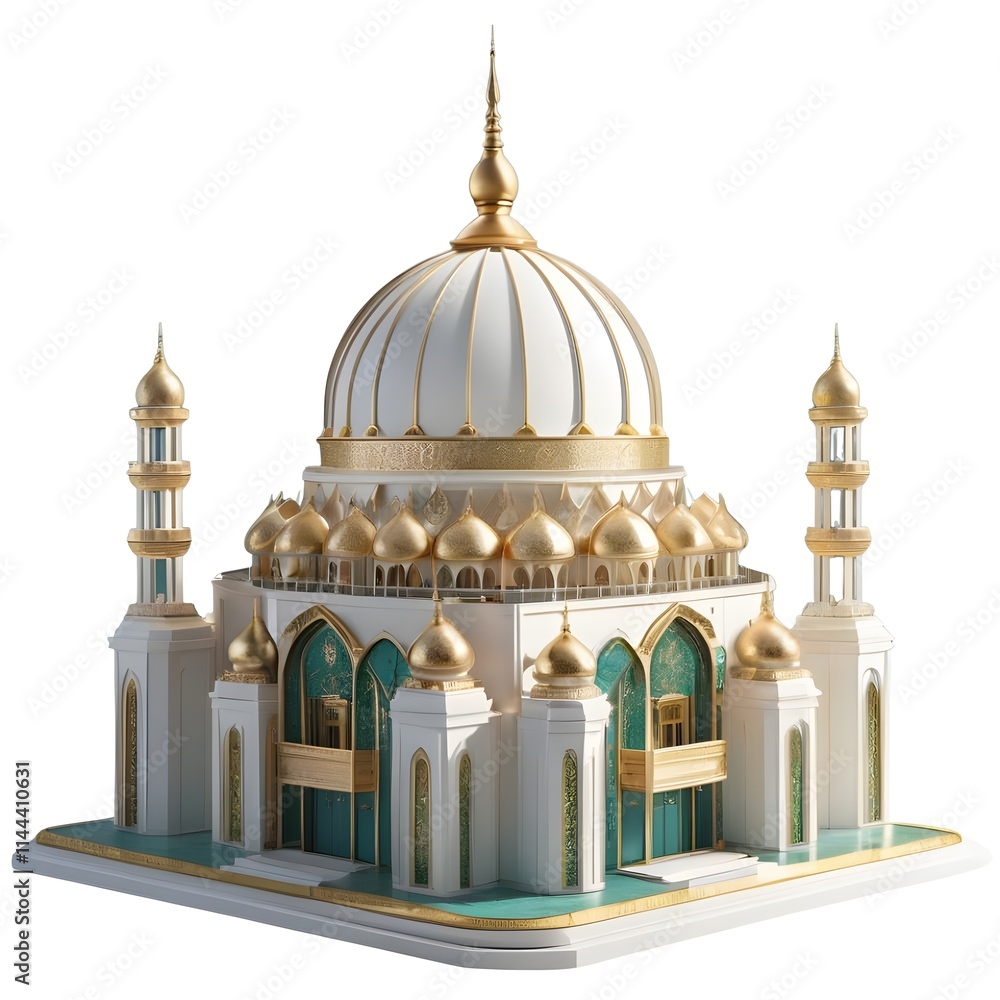 Fototapeta premium Magnificent Architectural Rendering: A 3D Model of an Exquisite Islamic Mosque with Golden Domes and Teal Accents, Isolated on White Background