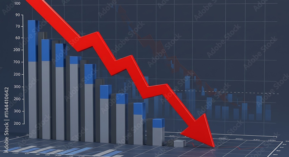 : A large red arrow points downwards over a gridded financial chart showing a sharp decline in value, with the bars of the chart going from high to low : A large red arrow points downwards over a gridded financial chart showing a sharp decline in value, with the bars of the chart going from high to low