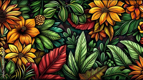 Wallpaper Mural Intricate plant patterns forming complex designs with shapes and colors on a vibrant background Torontodigital.ca