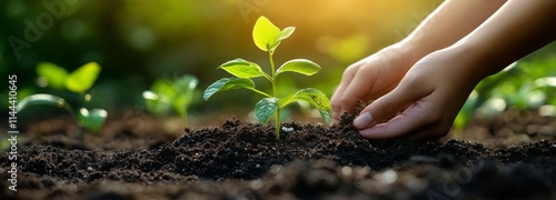 Hands nurturing young plants in a garden bed during golden hour showcases the...