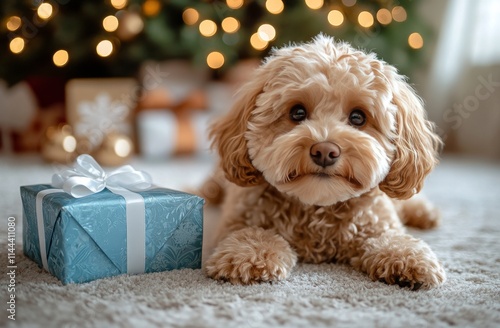 Sweet dog resting by wrapped gift in cozy living room decorated for holidays ...