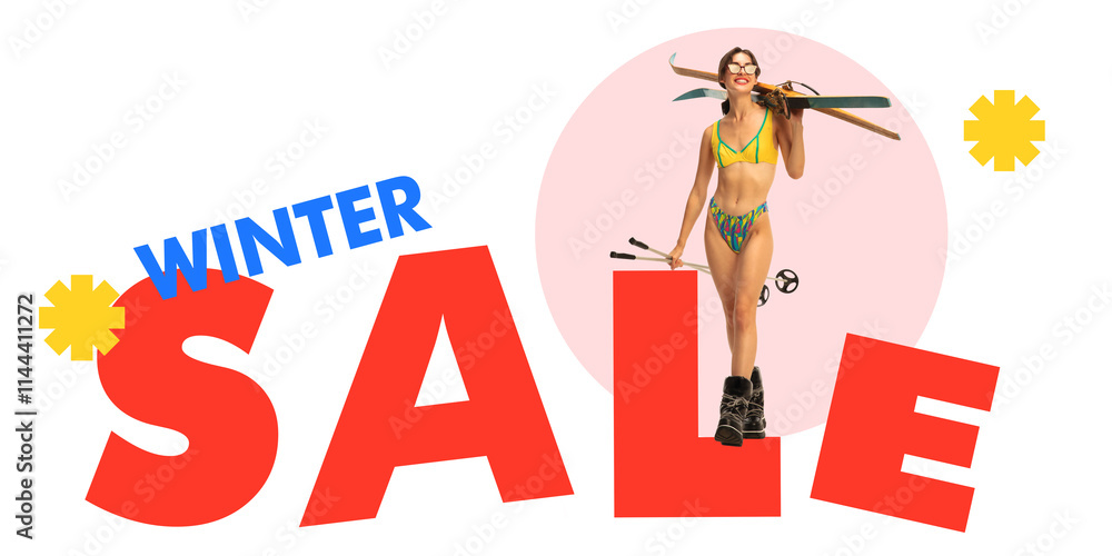 Naklejka premium Poster. Contemporary art collage. Cheerful woman holding skis in vibrant bikini with WINTER SALE message, blending playful imagery with hot post-season discounts. Concept of shopping, discounts. Ad