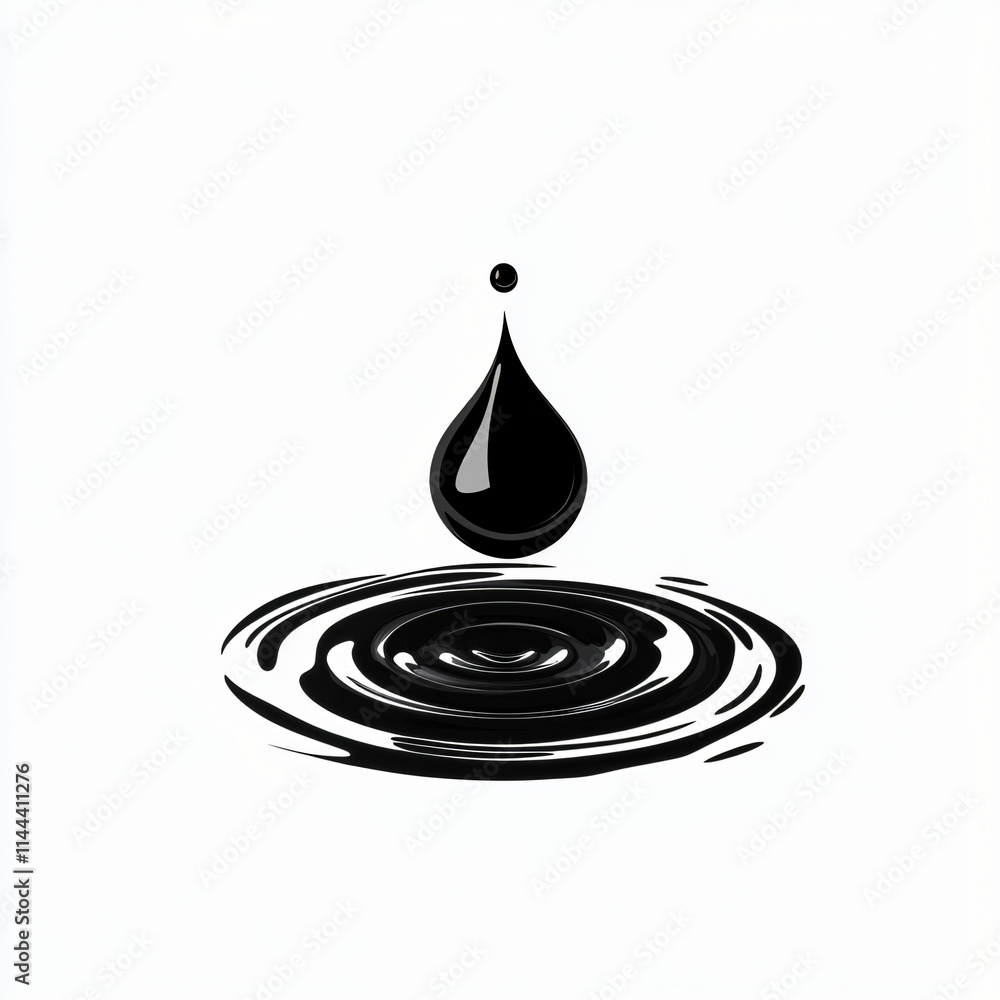 Minimalist black vector logo of a clean water droplet with a ripple effect, symbolizing hydration and wellness, isolated on white backgroun