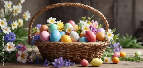 Colorful Easter eggs in a basket with spring flowers , spring, easter, basket