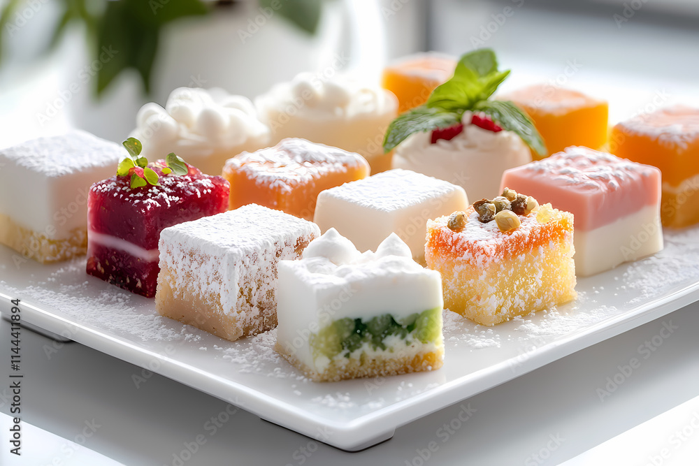 A dessert display with delicate garnishes and a soft-focus background. A dessert display with delicate garnishes and a soft-focus background.