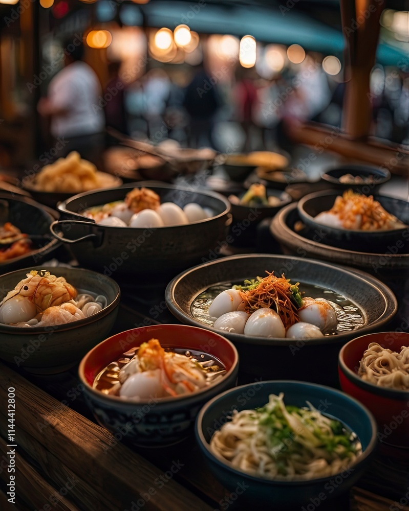 A close-up shot of a vibrant street food market, featuring colorful bowls of Asian cuisine steaming ramen noodles with soft-boiled eggs, sushi rolls,generative ai A close-up shot of a vibrant street food market, featuring colorful bowls of Asian cuisine steaming ramen noodles with soft-boiled eggs, sushi rolls,generative ai