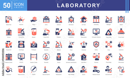 Laboratory icon set of lab, university, microscope, hospital, school, medical, innovation, safety, clinic, physics, scientific, cell, poison, experiment, equipment, crime, beaker, chemist, flammable