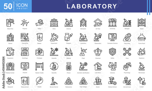 Laboratory icon set of lab, university, microscope, hospital, school, medical, innovation, safety, clinic, physics, scientific, cell, poison, experiment, equipment, crime, beaker, chemist, flammable