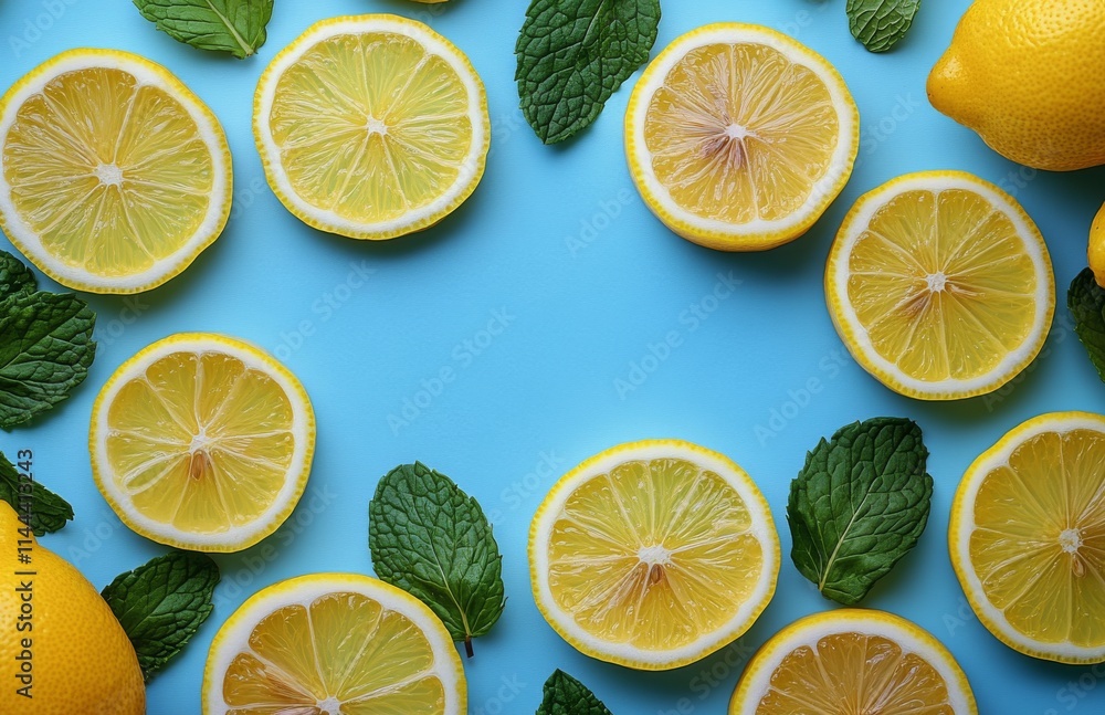 Fototapeta premium Lemons and mint leaves arranged on a blue surface create a vibrant and refreshing display perfect for culinary