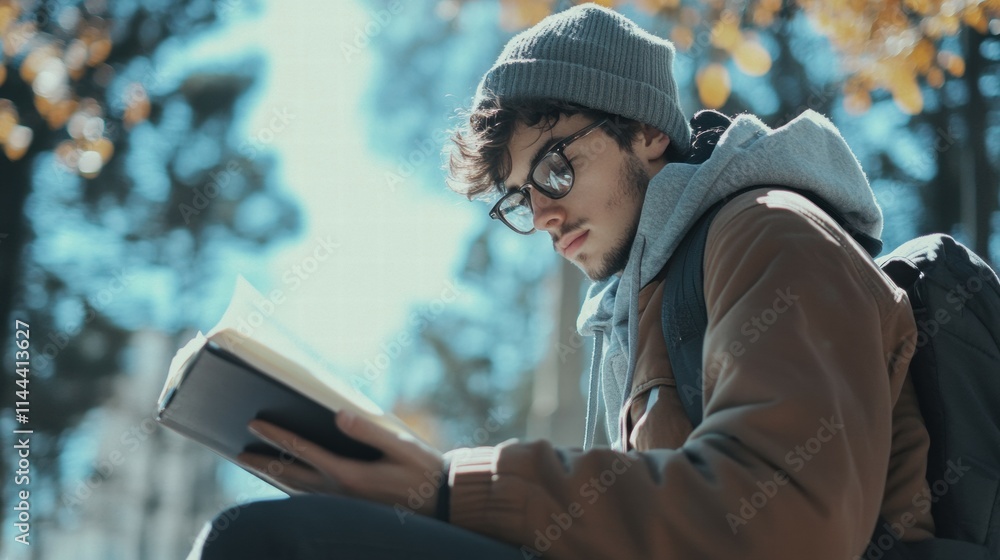 Student reading outdoors in autumn campus natural light relaxed environment introspective view Student reading outdoors in autumn campus natural light relaxed environment introspective view