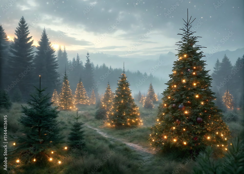 Magical forest with christmas trees and glowing lights Magical forest with christmas trees and glowing lights