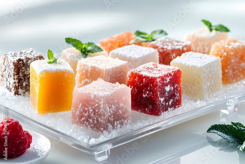 A dessert display with delicate garnishes and a soft-focus background.